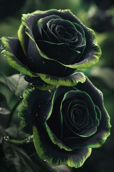 two black roses with green leaves in the water droplets on them, and one flower is budding