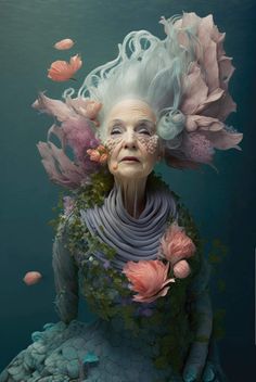 an older woman with white hair and flowers in her hair, sitting under the water