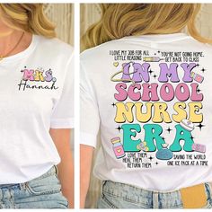 two pictures of a woman wearing a t - shirt that says, i love my school nurse era