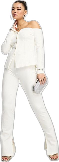 Elegant White Long Pants Set, Elegant White Set With Long Pants, White Chic Straight Pants Sets, White Stretch Workwear Sets, White Stretch Sets For Workwear, Elegant Stretch Sets With Long Pants, Elegant Fitted Sets With Ankle-length Pants, White Fitted Sets With Long Pants, White Fitted Long Pants Set