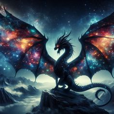 a dragon sitting on top of a rock in the middle of a sky filled with stars