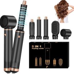 Atopskins 5 in 1 Hair Styling Tools and Appliances This 5 in 1 Blow Dryer Brush includes - 1* Hair Dryer - 1* Hair Straightening Brush - 2* left and right curling iron - 1* Volumizing hot air brush - 1* Massage Hot Air Brush Atopskins 5-in-1 Hot Air Brush Set, Hair Dryer Brush Styler Brush has a premium design. This hot air brush is not only a stylish blow dryer, but also an indispensable professional hair styling machine, from straight to curly hair, it is easy to start and styling is fast, wit Brush Blow Dryer, Blow Dryer Brush, Hot Air Brush, Dryer Brush, Blow Dry Brush, Hair Dryer Brush, Hair Brush Straightener, Hair Straightening, Straightening Brush