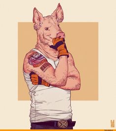 a drawing of a man with his arm wrapped around a pig's head and wearing gloves