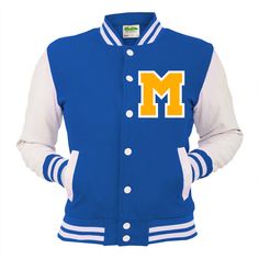 Personalised Royal Blue Varsity Jacket with Yellow Letter and Royal Blue Varsity Jacket, Fashion University, Blue Varsity Jacket, Varsity Jacket Outfit, Jacket Drawing, Movie Merchandise, White Sleeves, Baseball Tops, College Jackets