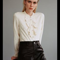 From Smoke Free And Pet Free House Elegant Winter Top With Ruffled Collar, Elegant Winter Tops With Ruffled Collar, Elegant Zara Blouse With Ruffled Collar, Elegant Zara Blouse For Fall, Jacquard Blouse, Button Detail, Zara Tops, White Silver, Ruffle Blouse