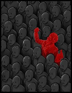 a red person standing in front of a crowd of black people with their hands up