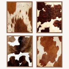 four different cow hides are shown in brown and white