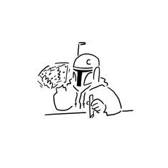 a black and white drawing of a boba fett holding a piece of pizza