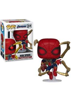 the pop vinyl figure spider - man is shown in front of a white box with red eyes