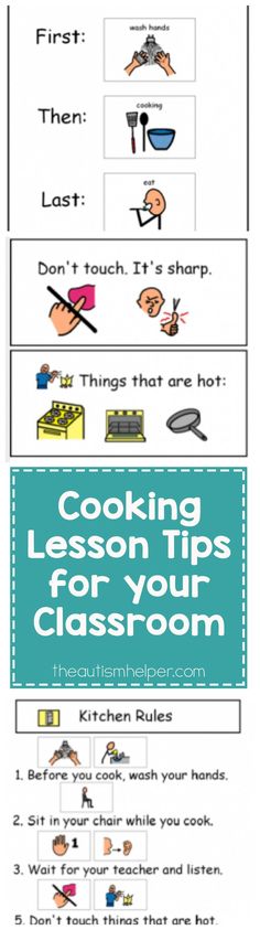 cooking lessons for your class room with pictures and words on the front page, including instructions to