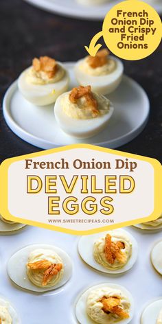 deviled eggs with bacon on top and an egg in the middle are shown here