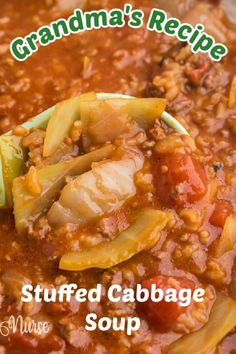 the cover of grandma's recipe stuffed cabbage soup is shown with a spoon in it