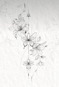 a drawing of flowers and leaves on white paper