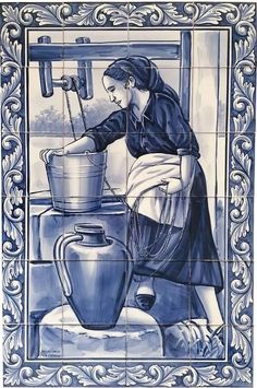 a blue and white tile mural depicting a woman working on a pottery wheel with a vase