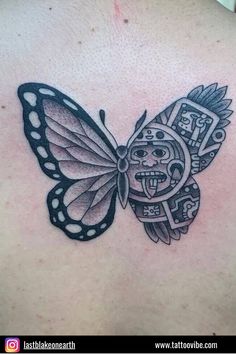 A beautiful fusion of nature and ancient symbolism, this butterfly tattoo takes flight with a twist. One wing is an elegant, traditional butterfly, while the other is adorned with intricate Aztec patterns and a fierce sun god face. This tattoo is a great blend of beauty and heritage, making it a unique piece that tells a story of transformation and strength. It’s a mesmerizing way to carry a piece of ancient history with you. Mayan Inspired Tattoos, Aztec Butterfly Tattoo, Aztec Warrior Tattoo For Women, Aztec Tattoo Designs For Women Beautiful, Sacred Heart Tattoo Mexican, Aztec Flower Tattoo, Aztec Sun Tattoo