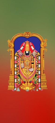 an image of the god ganesh in gold on a red and green background,