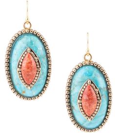 From Barse&#x2C; these earrings feature:Drop earrings Bronze metalOrange Sponge Coral and genuine turquoise stonesFrench wire closureApprox. 2" L&#x2C; including ear wireImported. Stone Drop Earrings, Sponge Coral, Coral Stone, French Wire, Genuine Turquoise, Accessories Jewelry Earrings, Gold Drop Earrings, Artisan Craft, Dillard's