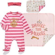 Dress your little one in this adorable Harry Potter baby set and get ready for a magical day. This comfy set comes with a sleep n play footie, soft blanket, burping cloth, and bib designed with Gryffindor house colored stripes, Hogwarts and Harry Potter artwork, and the cute phrases "Wizard in Training," and "Snuggle This Muggle." Stylish and comfortable, this Harry Potter outfit set is perfect for your little wizard to sleep and play in all day. Size: 6-9 Months.  Color: Multicolor.  Gender: un Harry Potter Newborn, Harry Potter Baby Girl, Harry Potter Girl, Cute Phrases, Harry Potter Baby, Harry Potter Outfits, One Piece Clothing, Layette Set, Newborn Baby Boy