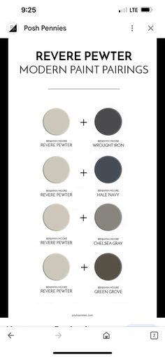 the color scheme for revere pewter's modern paint pairings on an iphone