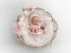 a newborn baby is posed in a basket with flowers and a teddy bear on it