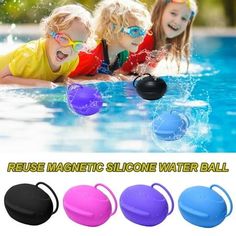 three children are playing in the pool while wearing sunglasses and swimming goggles with rubber floats