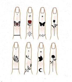 six different types of nail stickers with flowers and butterflies on the tips, all in various shapes and sizes