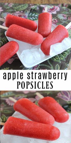 apple strawberry popsicles on a white plate with text overlay that says, apple strawberry popsicles