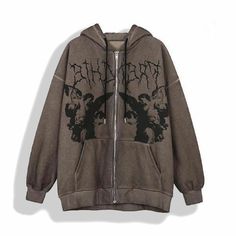 Step up your streetwear game with our Gothic Hoodie! This unique zip-up hoodie features an intricate, dark cherub design that adds an edgy twist to your everyday look. Made from high-quality, comfortable fabric, it offers both style and warmth, perfect for any season. The distressed brown color and detailed artwork make this hoodie a standout piece for those who love to mix vintage vibes with modern fashion. Embrace the fusion of art and attitude with this one-of-a-kind hoodie. Fete Emo, Grunge Sweatshirt, Punk Hoodie, Goth Tops, Grunge Jacket, Streetwear Coat, Winter Streetwear, Angel Print, Y2k Tops