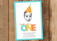 a birthday card with a photo of a baby wearing a party hat and the words look who's one on it