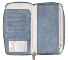 an open wallet with two zippers on the front and one in the back, is shown