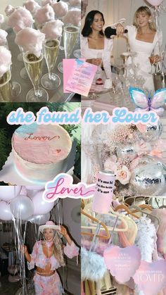 the collage shows pink and white balloons, cake, flowers, and other items