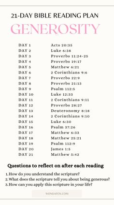 a pink and white poster with the words, 21 day bible reading plan generously