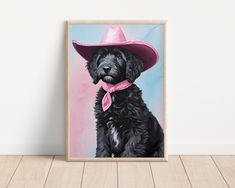 a painting of a black dog wearing a pink cowboy hat on a wooden floor next to a white wall