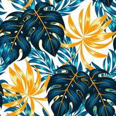 an image of tropical leaves in blue and yellow colors on a white background, seamless