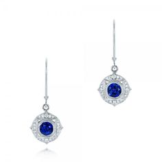 Vintage-Inspired Blue Sapphire and Diamond Earrings | Joseph Jewelry | Bellevue | Seattle | Online | Designers of Fine Custom Jewelry Elegant Blue Gia Certified Diamond Earrings, Classic Blue Platinum Earrings, Elegant Blue Diamond Earrings With Pave Setting, Blue Halo Diamond Earrings Luxury Style, Blue Gia Certified Diamond Earrings For Wedding, Formal Blue Pave Set Earrings, Blue Pave Set Earrings For Formal Occasions, White Gold Sapphire Earrings With Pave Setting, Blue Diamond Earrings With Pave Setting