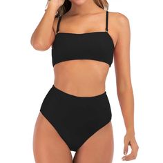 New, In Bag Women’s High Waist Black Bikini Swimwear Comes With Removable Straps Black High Waist Swimwear With Built-in Bra, High Waist Black Swimwear With Built-in Bra, Black High-waist Swimwear With Built-in Bra, Black Bandeau Swimwear For Swimming, Black Bandeau Tankini For Swimming, Black High Waist Seamless Swimwear, Black High-waist Seamless Swimwear, Black Seamless High-waist Swimwear, Black Bandeau Swimwear With Lined Body