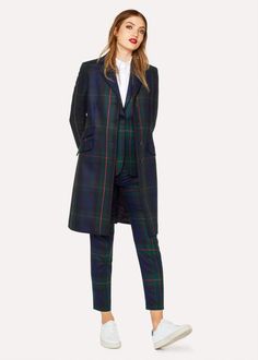 Tartan Coat Women, Check Jacket Outfit, Tartan Outfit, Navy Blue Outfit, Tartan Shawl, Tartan Jacket, Tartan Coat, Paul Smith Women, Navy Blue Coat