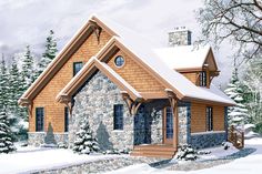 a painting of a cabin in the woods with snow on the ground and trees around it