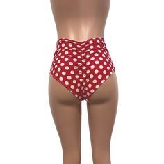 Our classic high waist hot pants with scrunch ruching detail in back to offer a "cheekier" look. These hot pants are made of stretchy red & white polka dot print spandex and sit high on your natural waist. Wear as a bikini bathing suit bottom, panties, rave shorts, running shorts, etc. They have a built in liner and are made to be flattering to your figure. Great for a Minnie Mouse costume! Rave Shorts, Minnie Mouse Costume, Mouse Costume, Bathing Suit Bottoms, Polka Dot Print, Dot Print, Running Shorts, White Polka Dot, Bathing Suit