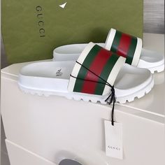 Come With Original Box Retail Price 400$ Size 8 Red Gucci Slides With Round Toe, Casual Red Gucci Slides, Red Gucci Slides With Branded Insole, White Flat Gucci Slides, White Gucci Slip-on Sneakers, Designer White Gucci Slides, White Designer Gucci Slides, Luxury Red Gucci Slides, Designer White Leather Slides