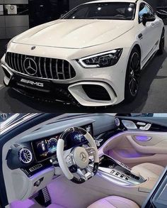 the inside and outside view of a mercedes car at an auto show, with two different views