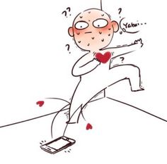 a drawing of a man running on a cell phone with hearts coming out of his mouth