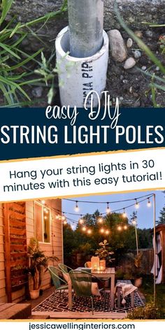 Easy DIY String Light Poles: hang your string lights in 30 minutes with this easy tutorial! PVC string light poles Diy String Light Poles, Outdoor String Light Poles, String Light Poles, Diy String Lights, Diy Outdoor Decor, Light Pole, Deck Decorating Ideas, Outdoor Diy Projects, Backyard Diy Projects