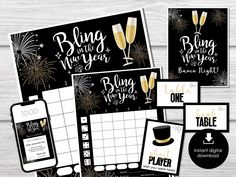 black and gold new year's eve party printables with wine glasses, champagne flutes