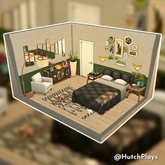 an animated view of a bedroom and living room