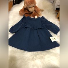 Baby Girl Ruffles Dress. Elastic On Bottom Cuffs Blue Ruffled Dresses For Winter, Blue Ruffled Winter Dress, Blue Winter Dresses With Ruffles, Blue Dress For Playtime In Fall, Blue Dress For Fall Dress-up, Blue Fall Playtime Dress, Gold Velvet Dress, Girls Ruffle Dress, Ruffles Dress