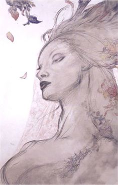 a drawing of a woman with her hair blowing in the wind