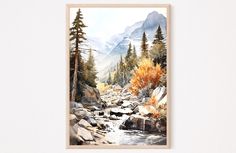 a watercolor painting of a mountain stream with trees and rocks in the foreground