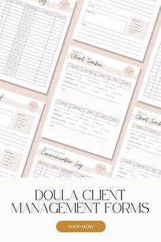 several forms with the words, doula client management forms on them and in front of them