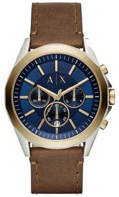 Armani Exchange Mens Blue Chronograph Brown Leather Strap AX2612 Herren Style, Brown Leather Strap Watch, Rugged Leather, Mens Chronograph, Chronograph Watch Men, Rolex Men